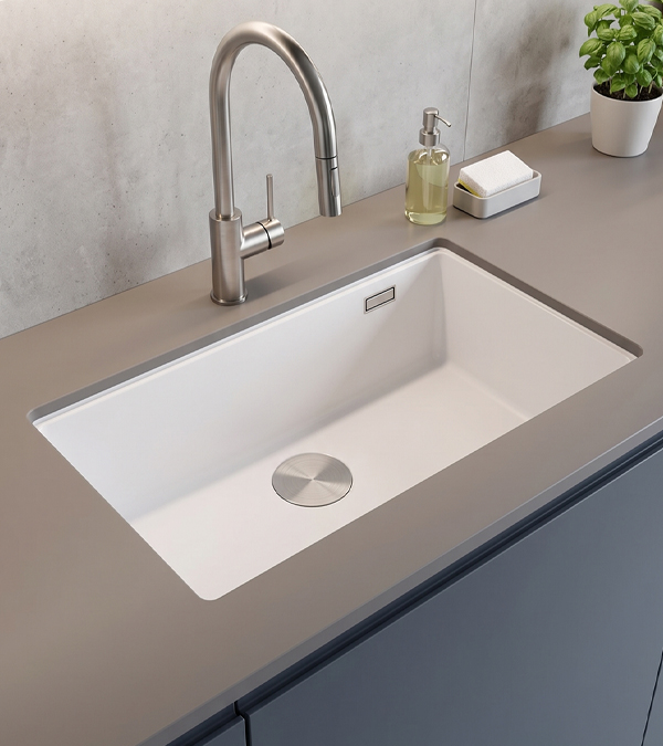 Chiuvetă pentru bucătărie sub blat LOGAN 110 700x370 mm, alb/inox