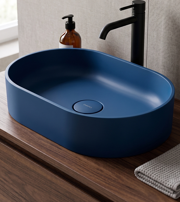 Lavoar pe blat din compozit Omnires OVO M+ 55x36cm, midnight blue