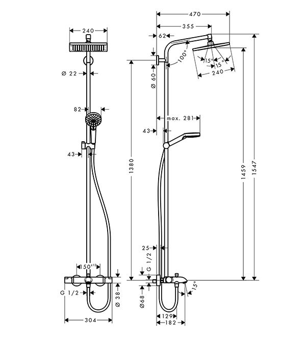 Душевая система с термостатом для ванны Hansgrohe Crometta E Showerpipe 240