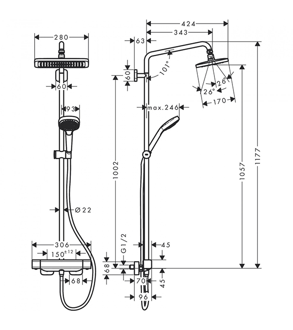 Душевая система с термостатом Hansgrohe Croma E Showerpipe 280  1jet