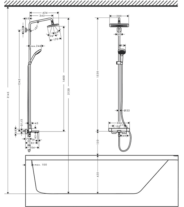 Душевая система с термостатом для ванны Hansgrohe Croma E Showerpipe 280 1jet