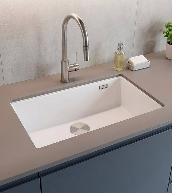 Chiuvetă pentru bucătărie sub blat LOGAN 110 700x370 mm, alb/inox