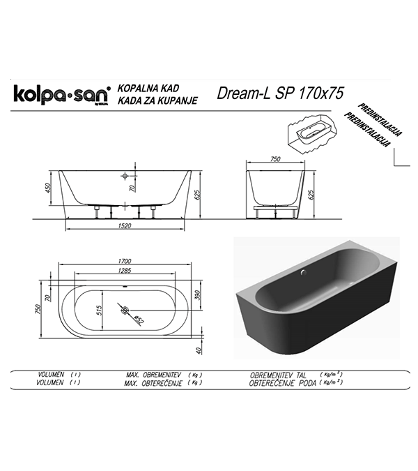 Ванна пристенная акриловая Kolpa Dream-SP-L 170x75см, левая