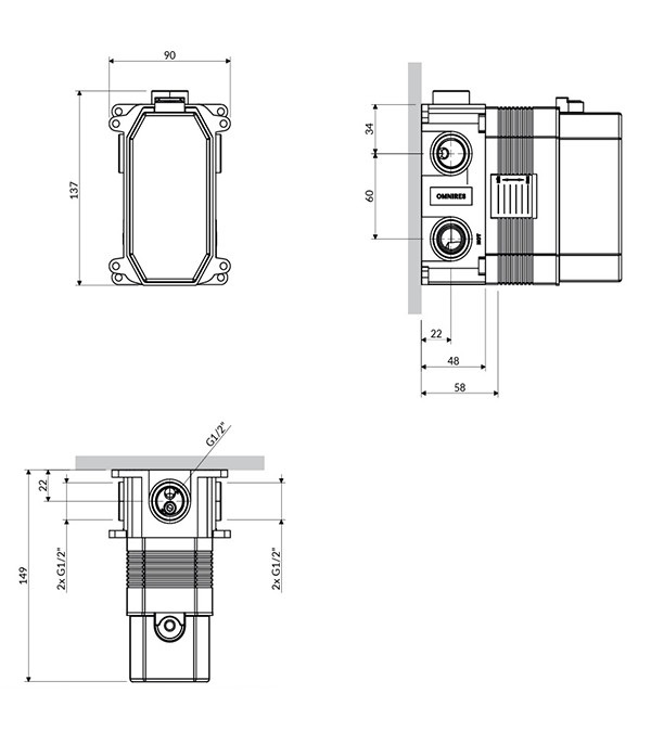 Скрытая часть смесителя для душа/ванны OMNIRES BOX, 3 выхода