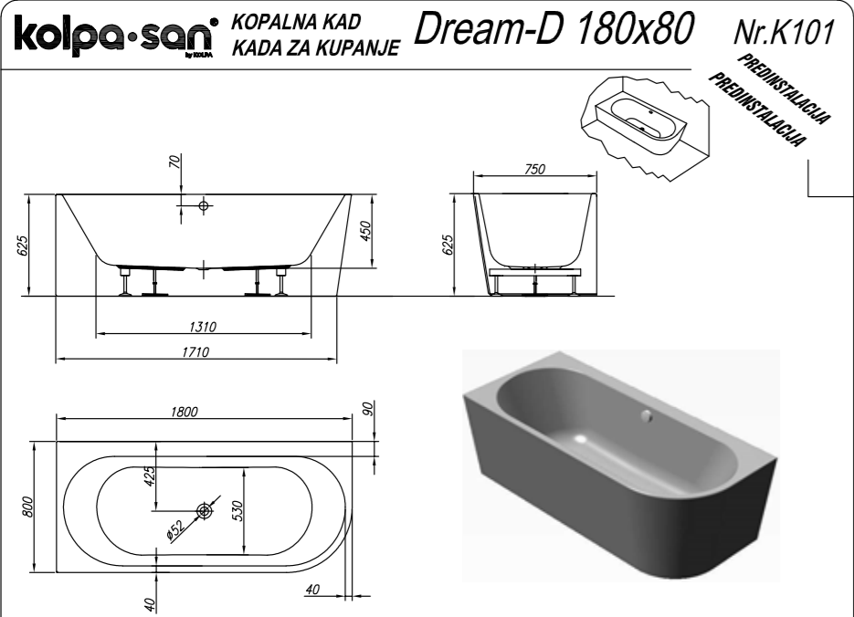 Ванна пристенная акриловая Kolpa Dream-SP-D 180x80см, правая