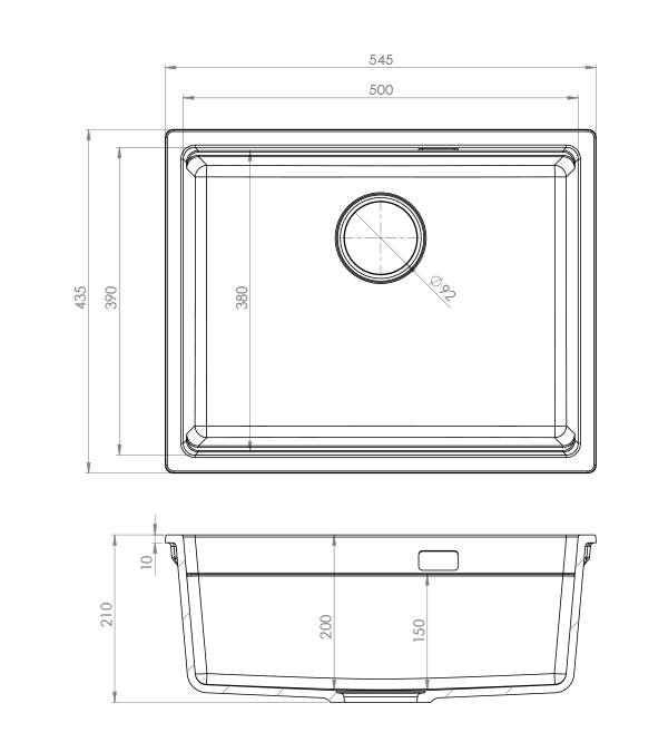 Chiuvetă pentru bucătărie din granit LATIX, 500x390x210 mm, sub blat, albă
