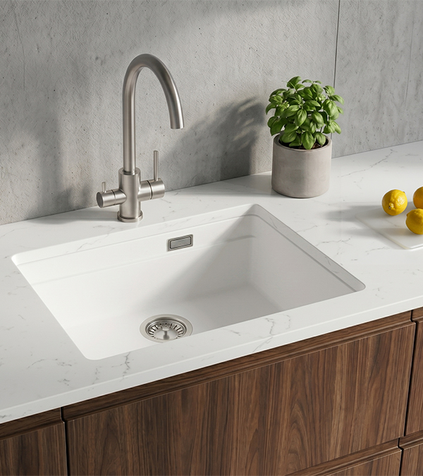 Chiuvetă pentru bucătărie din granit LATIX, 500x390x210 mm, sub blat, albă