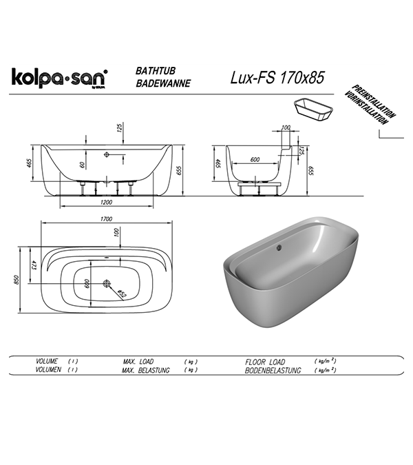 Cada de baie freestanding din acril Kolpa Lux FS 170x85cm
