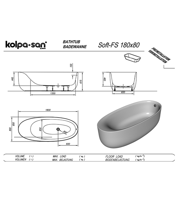 Cada de baie freestanding din acril Kolpa Soft FS 180x80cm