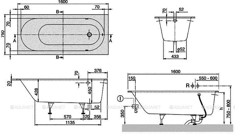 Ванна квариловая Villeroy&Boch Oberon 160x75см