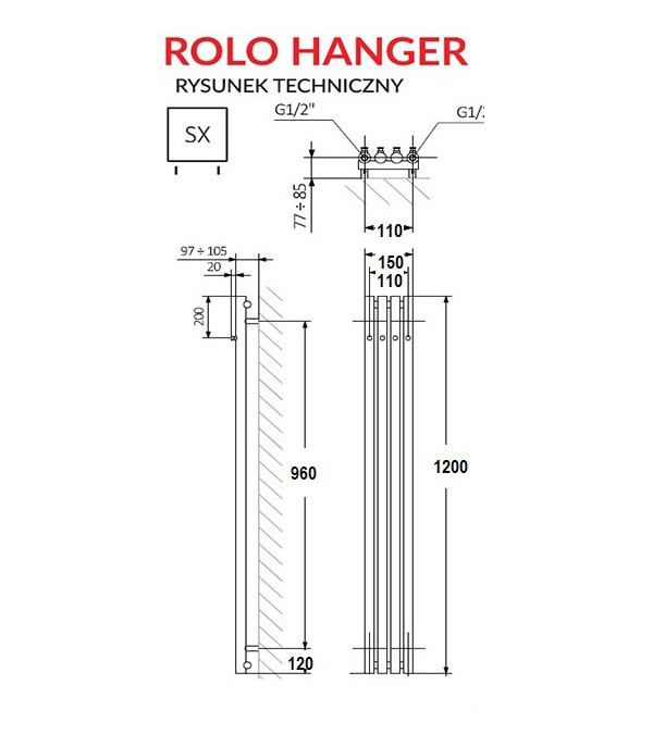 Радиатор Terma ROLO HANGER, 1200x150 мм, черный матовый