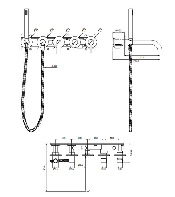 Душевая система для ванны с однорычажным встроенным смесителем Omnires Y,  brushed copper