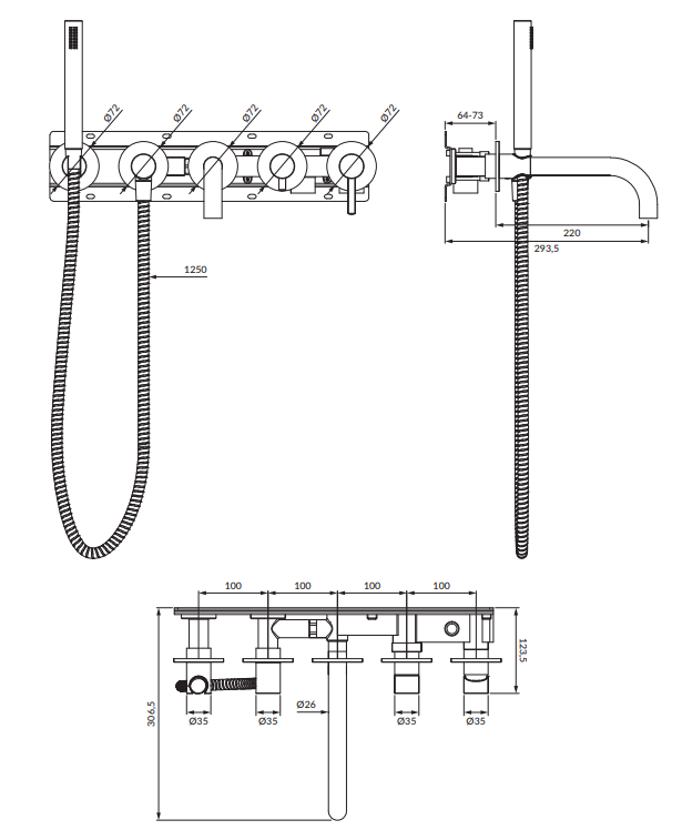 Душевая система для ванны с однорычажным встроенным смесителем Omnires Y, chrome.